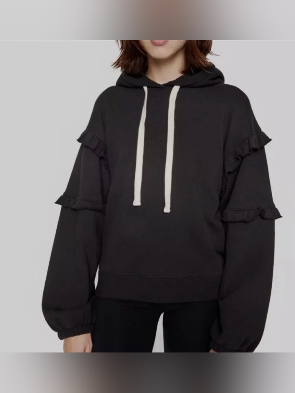 Rebecca Minkoff Evelyn Ruffle Trim Contrast Drawstring Hoodie Black Sz Small